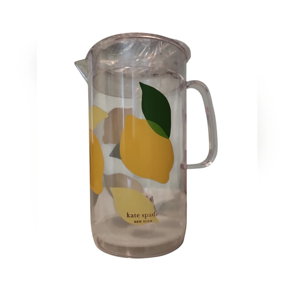 Kate Spade New York Lemon 1/2 Gallon Plastic Clear Pitcher With 2 Pink Cups - Picture 11 of 11